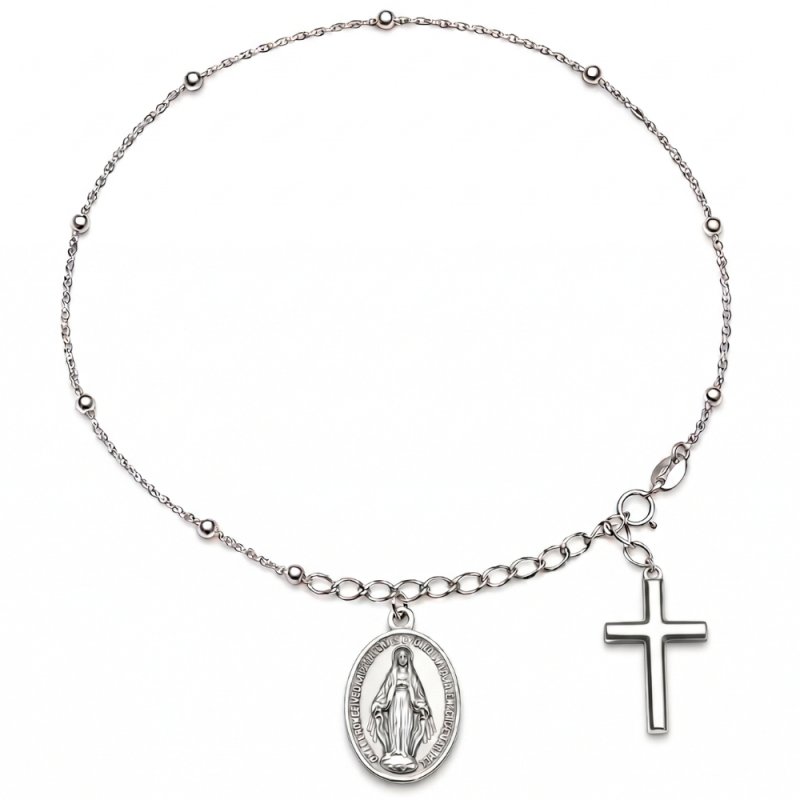 Srebrna bransoletka na rękę rodowana z krzyżykiem i medalikiem srebro 925