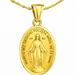 Łańcuszek srebrny duży medalik komunijny matka boska na komunię pozłacany