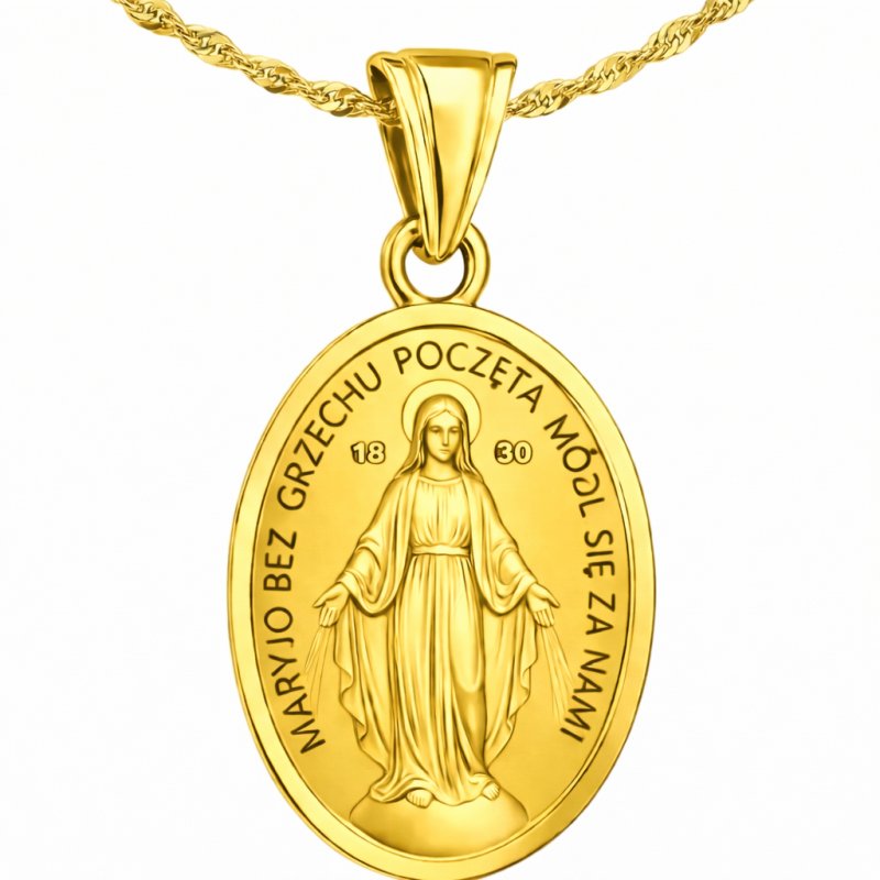 Łańcuszek srebrny duży medalik komunijny matka boska na komunię pozłacany