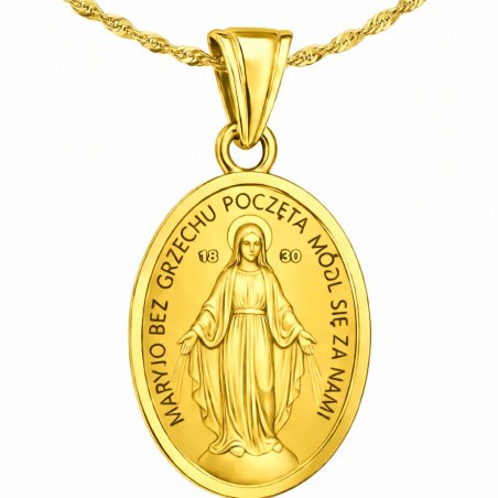 Łańcuszek srebrny duży medalik komunijny matka boska na komunię pozłacany