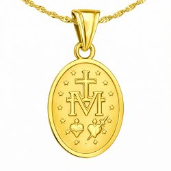 Łańcuszek srebrny duży medalik komunijny matka boska na komunię pozłacany