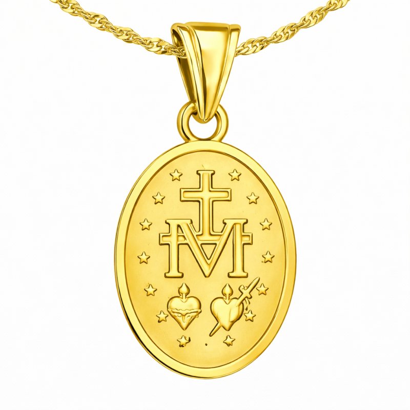 Łańcuszek srebrny duży medalik komunijny matka boska na komunię pozłacany