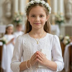 Łańcuszek srebrny duży medalik komunijny matka boska na komunię pozłacany