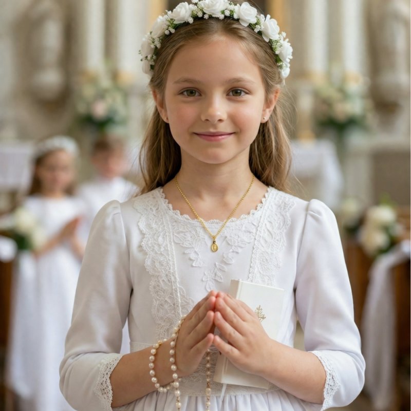 Łańcuszek srebrny duży medalik komunijny matka boska na komunię pozłacany