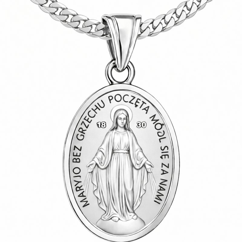 Łańcuszek srebrny na komunię, chrzest z medalikiem matka boska dla chłopca
