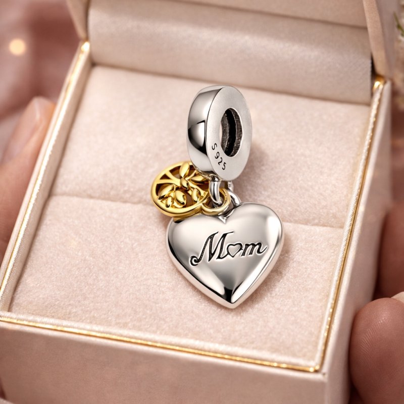 Charms wiszący zawieszka serce mama koralik beads srebro próba 925