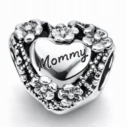 Charms srebrny zawieszka serce kwiatki mama koralik beads srebro 925