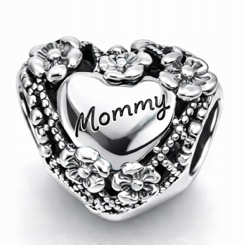 Charms srebrny zawieszka serce kwiatki mama koralik beads srebro 925