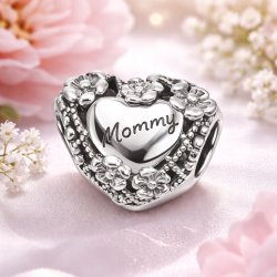 Charms srebrny zawieszka serce kwiatki mama koralik beads srebro 925