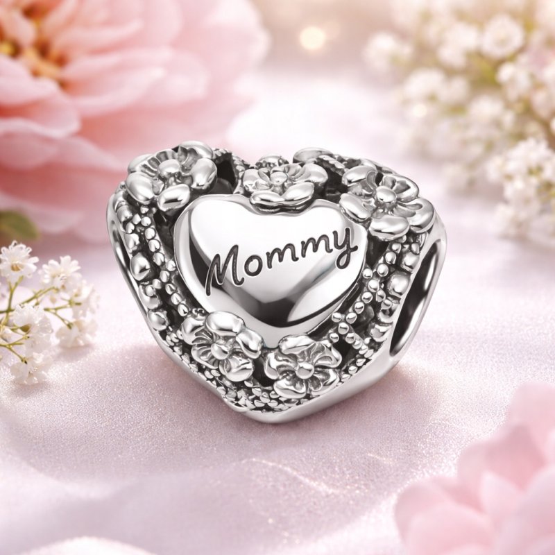 Charms srebrny zawieszka serce kwiatki mama koralik beads srebro 925