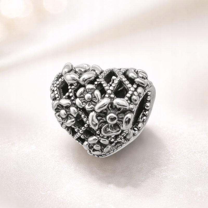 Charms srebrny zawieszka serce kwiatki mama koralik beads srebro 925