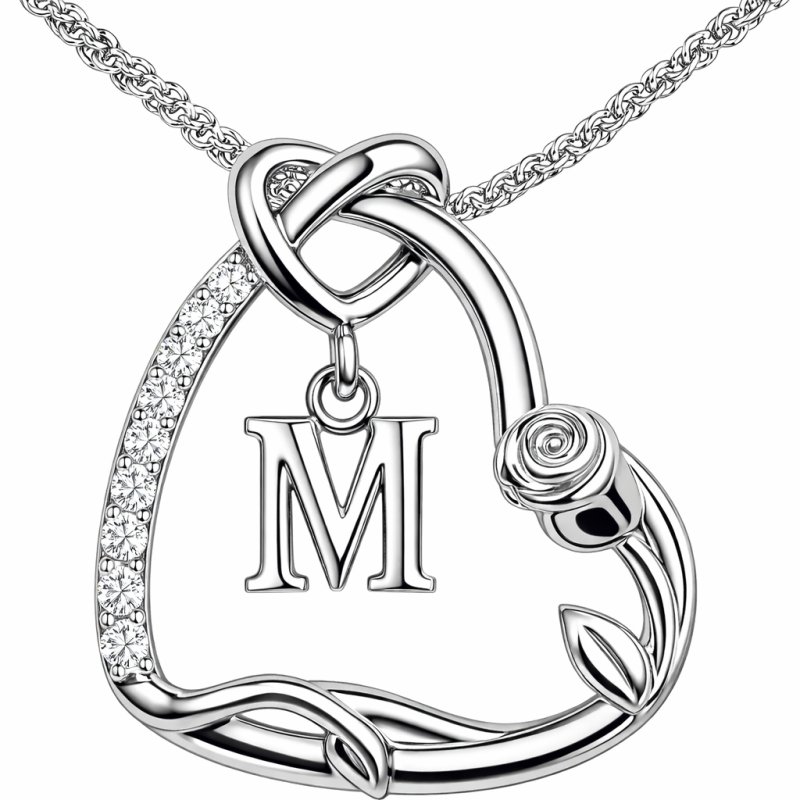 Srebrny Naszyjnik 925 Serce z Literką 585 Kwiat Życia Róża Litera M