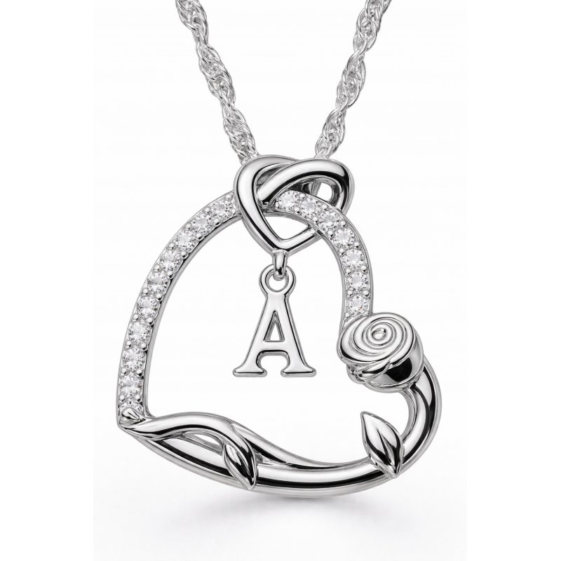 Srebrny Naszyjnik 925 Serce z Literką 585 Kwiat Życia Róża Litera A