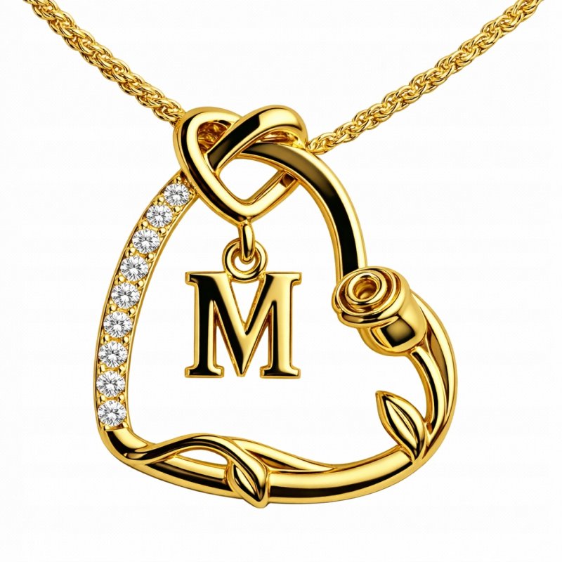 Naszyjnik 925 Serce z Literką M Pozłacany 585 Kwiat Życia Róża Litera M