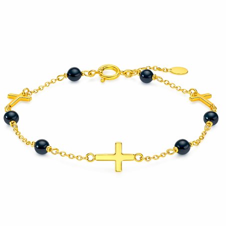 Srebrna bransoletka damska z onyksem srebro pozłacane krzyż