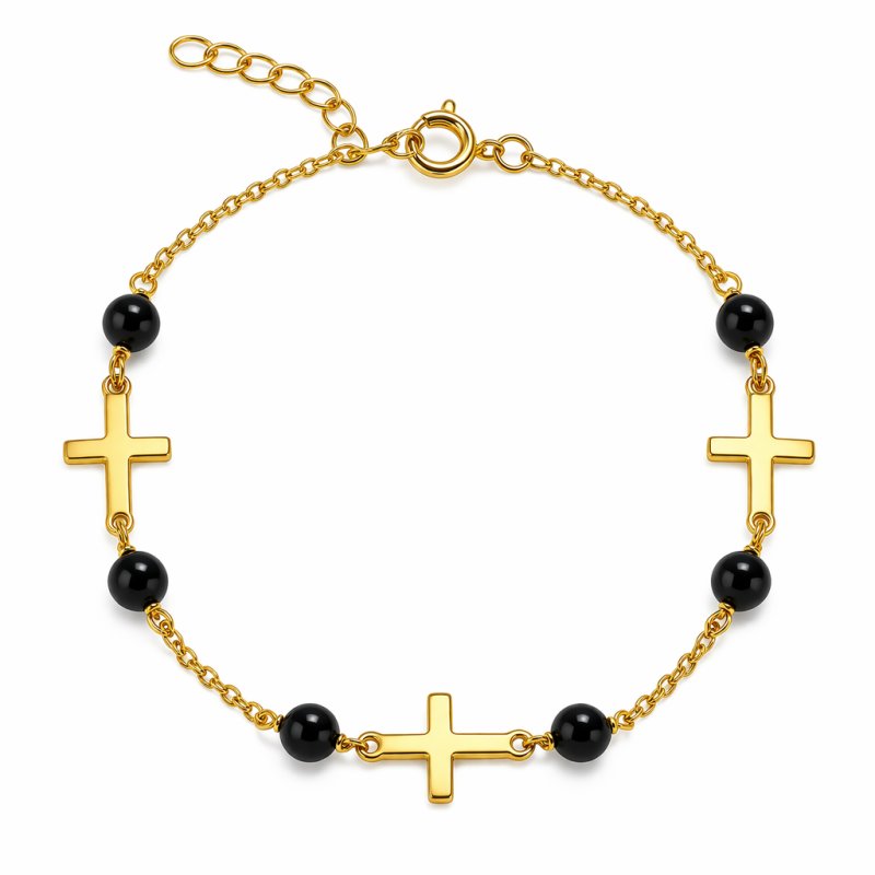 Srebrna bransoletka damska z onyksem srebro pozłacane krzyż