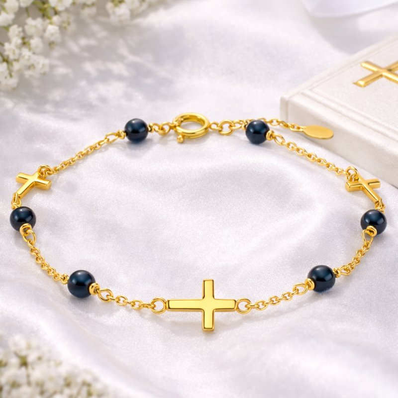 Srebrna bransoletka damska z onyksem srebro pozłacane krzyż