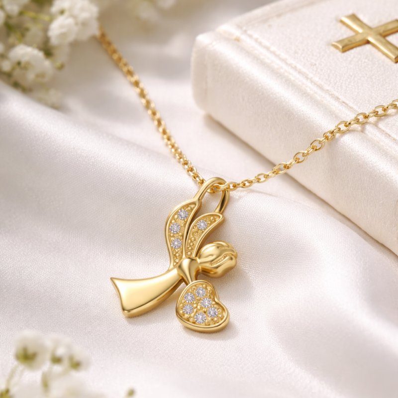 Srebrny łańcuszek dla dziewczynki na chrzest komunię naszyjnik aniołek srebro pozłacane 925