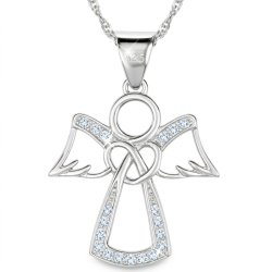 Łańcuszek medalik aniołek rodowany serce z cyrkonią srebro 925