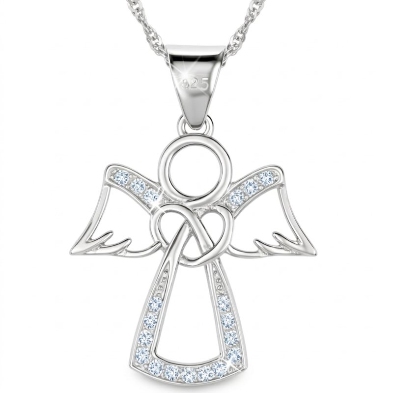 Łańcuszek medalik aniołek rodowany serce z cyrkonią srebro 925