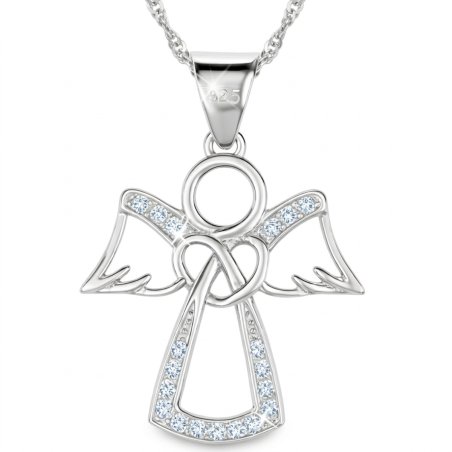 Łańcuszek medalik aniołek rodowany serce z cyrkonią srebro 925