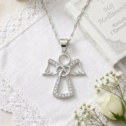 Łańcuszek medalik aniołek rodowany serce z cyrkonią srebro 925