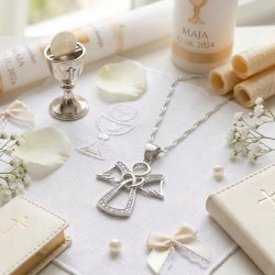 Łańcuszek medalik aniołek rodowany serce z cyrkonią srebro 925