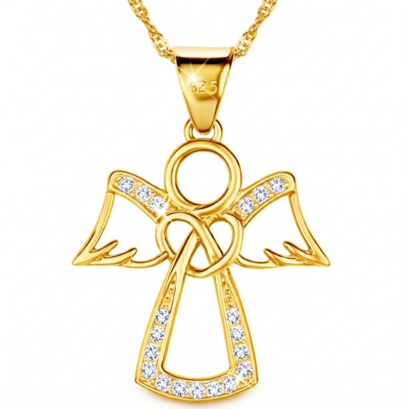 Łańcuszek medalik aniołek serce z cyrkonią srebro pozłacane 925