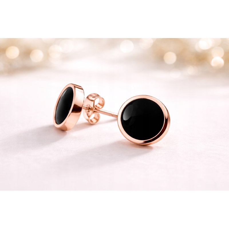 Kolczyki czarne różowe złoto kropki wkrętki sztyfty stal szlachetna 316L