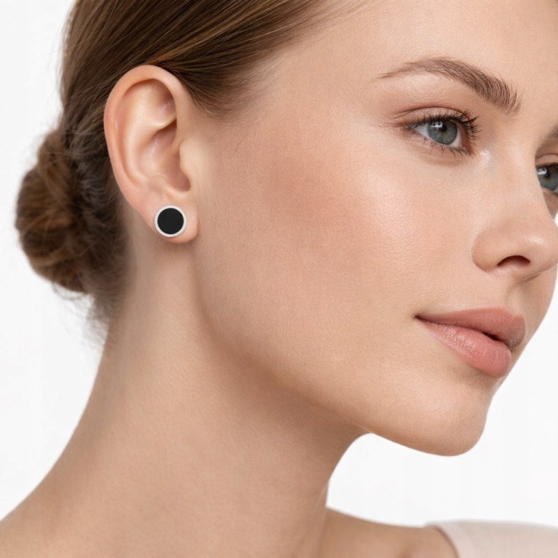 Srebrne kolczyki czarne kropki wkrętki stal szlachetna chirurgiczna 316L