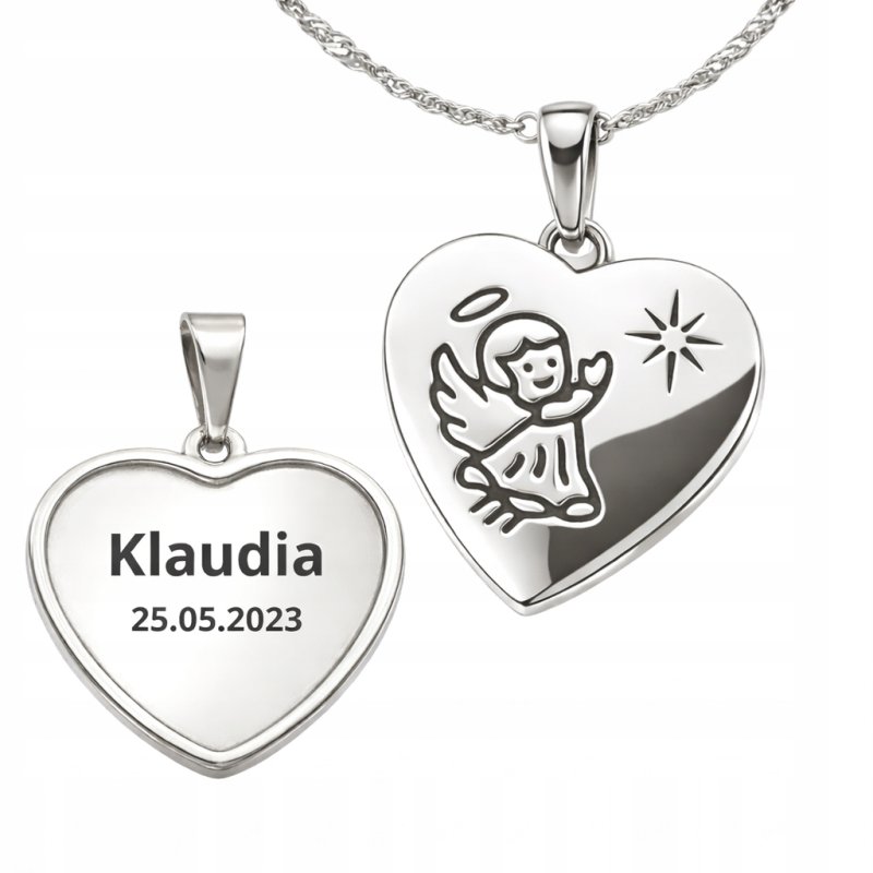 Naszyjnik aniołek serce srebro 925 Komunia Chrzest Święta grawer