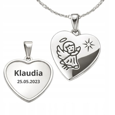 Naszyjnik aniołek serce srebro 925 Komunia Chrzest Święta grawer