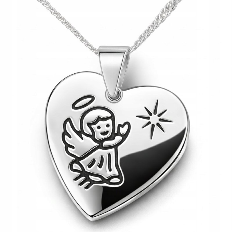 Naszyjnik aniołek serce srebro 925 Komunia Chrzest Święta grawer