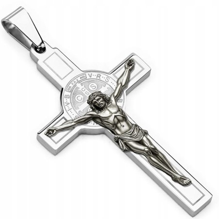 Duży krzyż srebrna zawieszka wisiorek krzyżyk Jezus stal chirurgiczna 316L