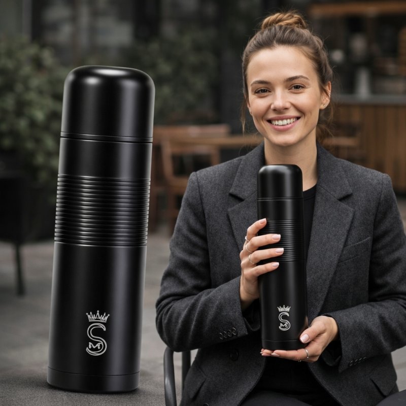 Duży termos turystyczny próżniowy szczelny stalowy 1000 ml czarny