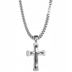 Naszyjnik srebrny duży krzyż krzyżyk Jezus stal szlachetna 316L 60 cm