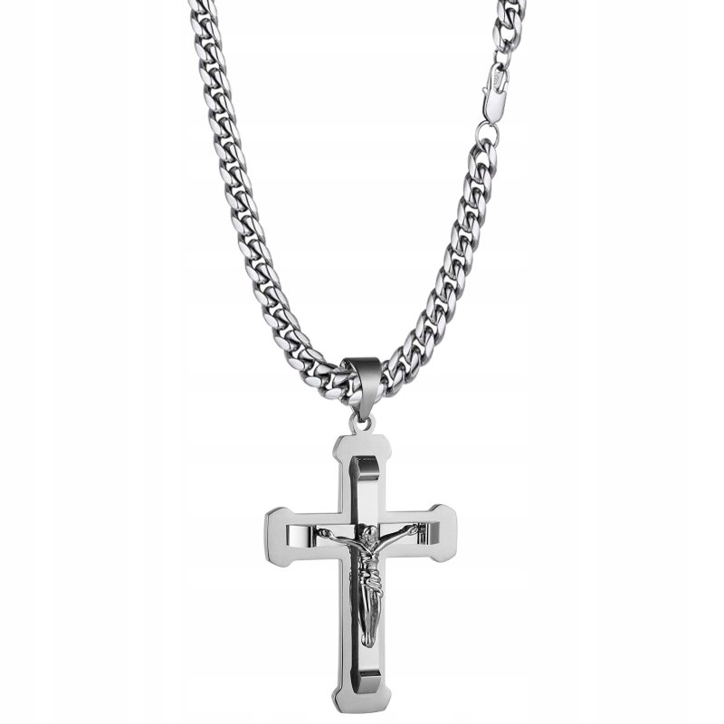 Naszyjnik srebrny duży krzyż krzyżyk Jezus stal szlachetna 316L 60 cm