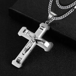 Naszyjnik srebrny duży krzyż krzyżyk Jezus stal szlachetna 316L 60 cm