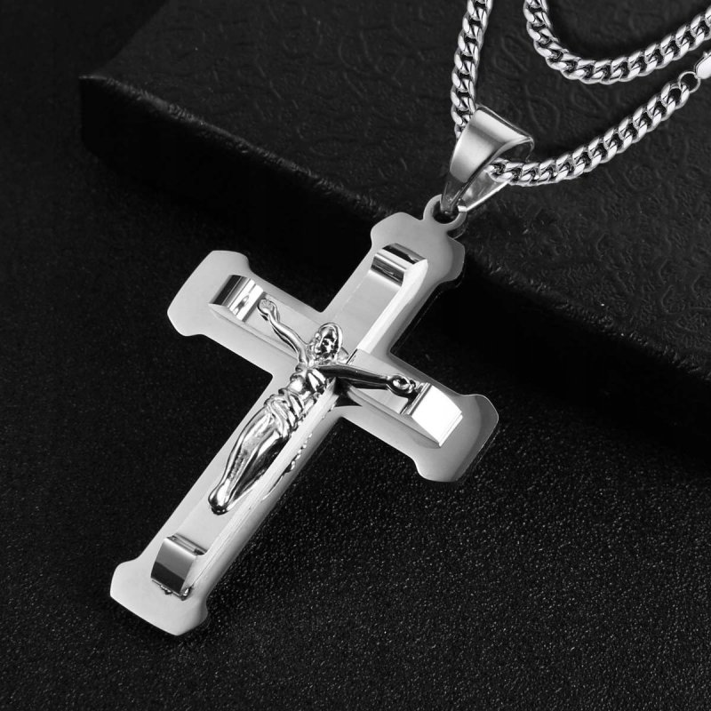 Naszyjnik srebrny duży krzyż krzyżyk Jezus stal szlachetna 316L 60 cm
