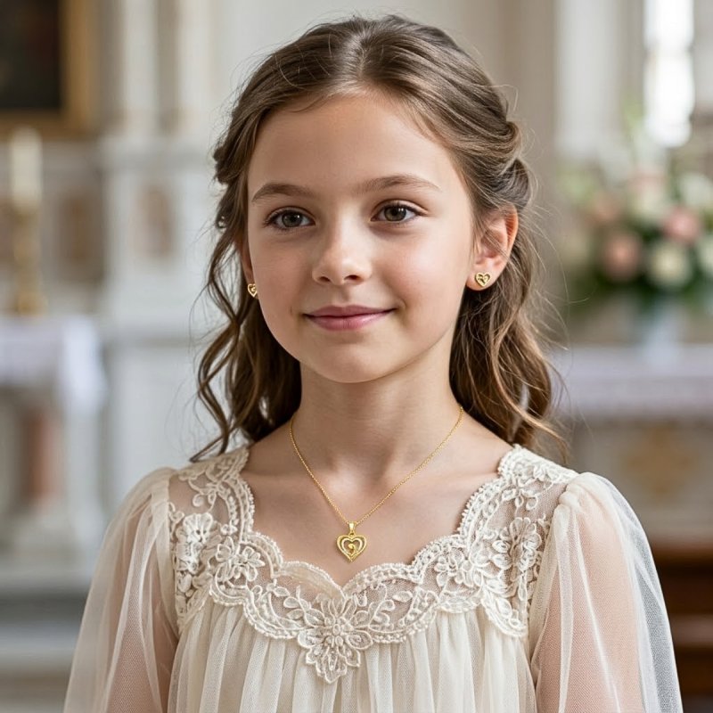 Komplet biżuterii srebrnej pozłacanej serce na komunię chrzest srebro 925