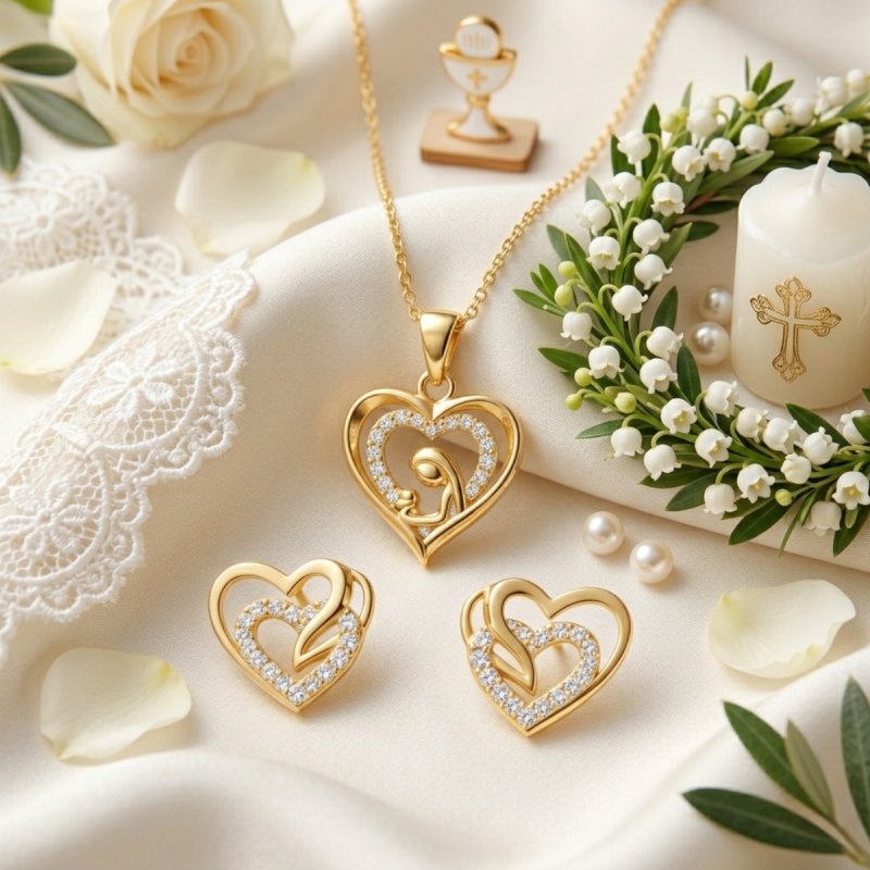 Komplet biżuterii srebrnej pozłacanej serce na komunię chrzest srebro 925