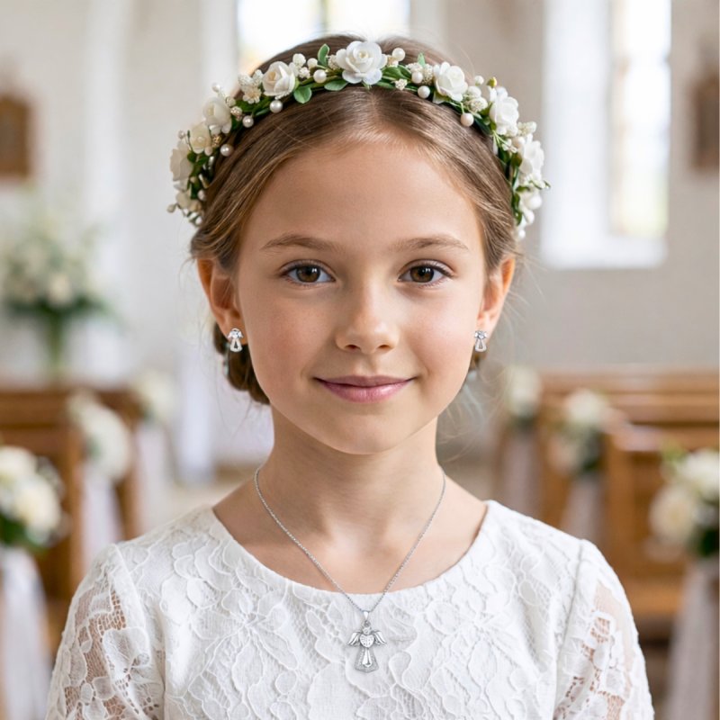 Komplet biżuterii srebrnej aniołek na komunię chrzest srebro 925