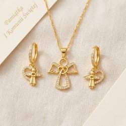 Komplet biżuterii srebrnej pozłacanej aniołki na komunię chrzest srebro 925