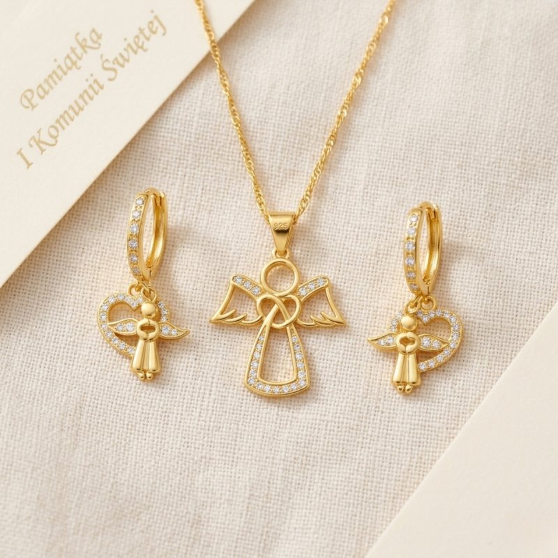 Komplet biżuterii srebrnej pozłacanej aniołki na komunię chrzest srebro 925