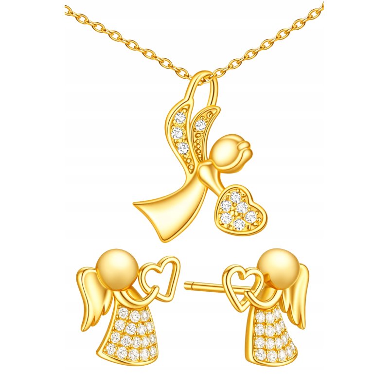 Komplet biżuterii srebrnej pozłacanej aniołki na komunię chrzest srebro 925