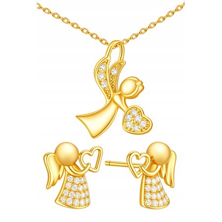 Komplet biżuterii srebrnej pozłacanej aniołki na komunię chrzest srebro 925