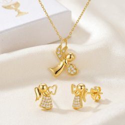 Komplet biżuterii srebrnej pozłacanej aniołki na komunię chrzest srebro 925