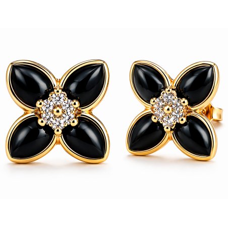 Kolczyki wkrętki kwiatki czarne wkrętki sztyfty srebro 925 pozłacane