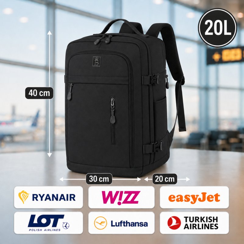 Czarny plecak bagaż podręczny 40x30x20 Ryanair Wizz Air kabinowy 20L