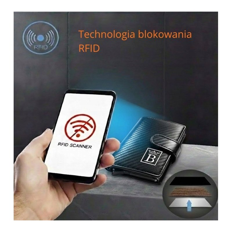 Card Holder portfel męski czarny z pudełkiem na karty eko skóra RFID